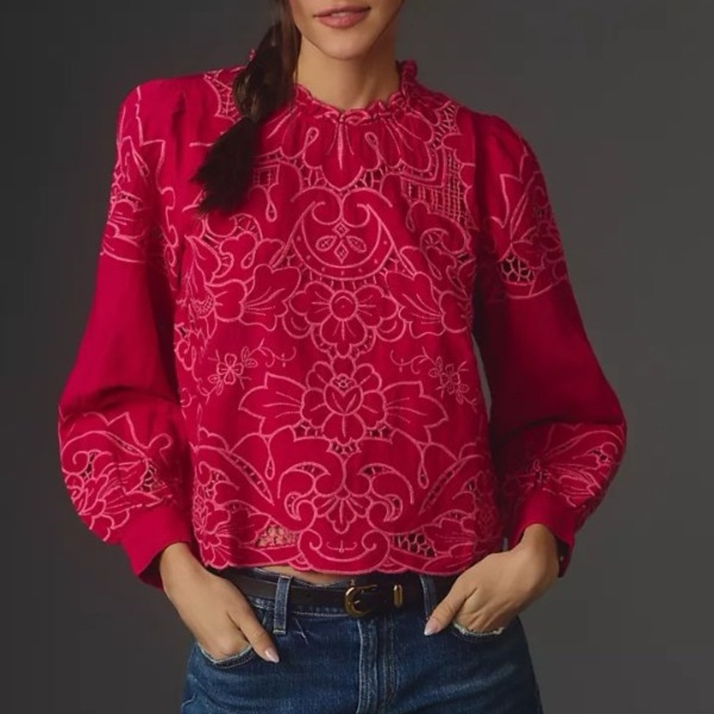 Anthropologie Lainie Long Sleeve Lace Cutout Blouse PinK XS